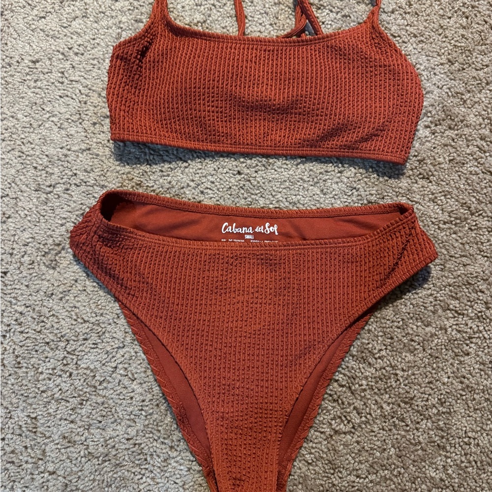 Women's Rust Bikini Set top is medium bottoms are small.
